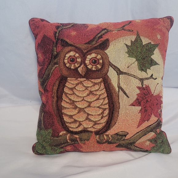 Owl Autumn Leaves Fall Moon Tapestry Throw Pillow - Picture 1 of 9